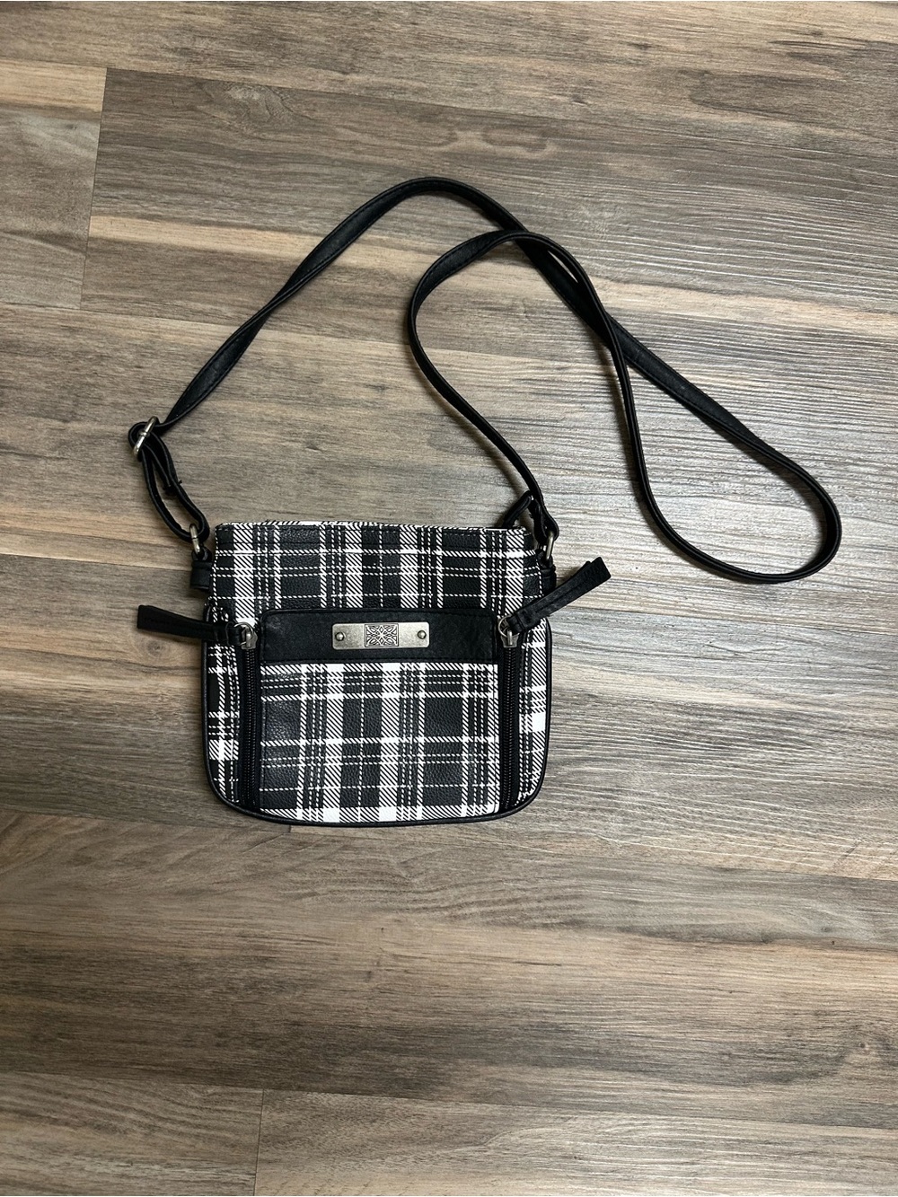 Black and White Plaid Faux Leather Crossbody Bag
